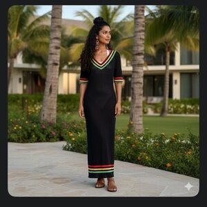 70s Vintage Black Tshirt‎ Dress EUC Sexy/Vacation/Retro/ Unique/Rasta Trim/Boho